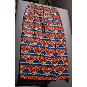 African Wax Print Style Midi Skirt Red‎ Blue Wave Pattern Elastic Waist Womens S